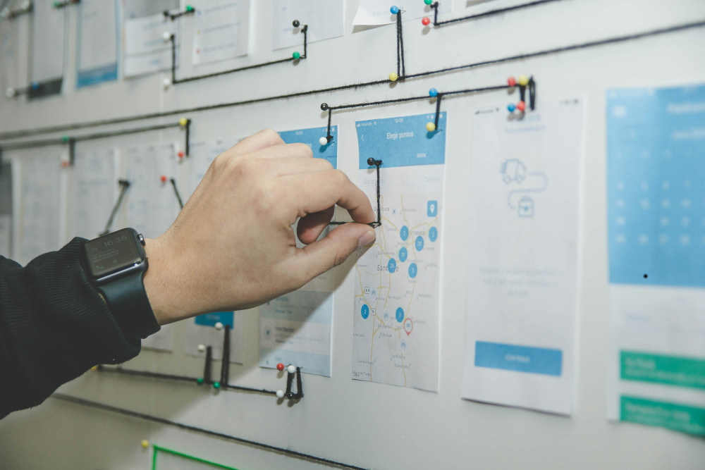 Hand on whiteboard pinning lines to a flow chart